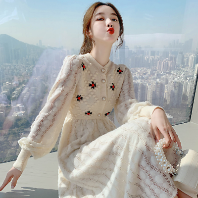 #ad Knitting Sweater Maxi Dresses for WomenFemale Embroidery Long Sleeve Party Dress $52.34