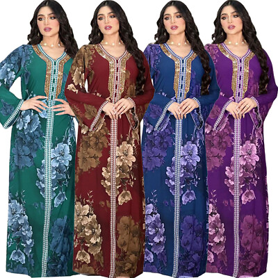 #ad Muslim Women Long Maxi Dress Dubai Abaya Kaftan Print Moroccan Caftan Party Gown $45.83