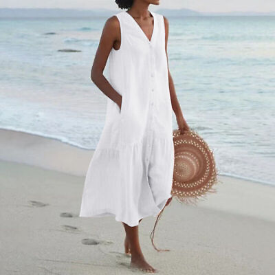 #ad Ladies Beach Sundress Sleeveless Long Maxi Dress Women Summer Party Kaftan Loose $27.13