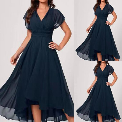 #ad Womens V Neck Maxi Dress Chiffon Evening Cocktail Party Ball Gown Swing Dresses $25.39