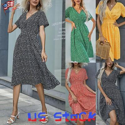 #ad Womens Boho Floral Midi Dress Ladies V Neck Short Sleeve Beach Holiday Sundress $16.37