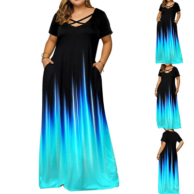 #ad Women Gradient Long Maxi Dress Ladies Summer Short Sleeve Party Dress Plus Size $32.69