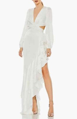 #ad Mac Duggal Cascade Detail Long Sleeve White Maxi Dress Gown size 6 retail $398 $208.95
