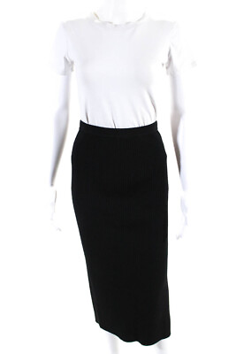 #ad Theory Womens Elastic Waistband Side Slit Ribbed Midi Pencil Skirt Black Small $52.45
