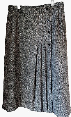 #ad Tweed Skirt Small Black Gray Pleated Bottons Wool Blend Classic Knee Retro $13.00