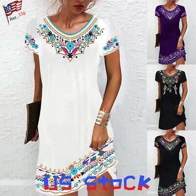 #ad #ad Women#x27;s Boho Floral Short Sleeve Mini Dress Ladies Summer Holiday Beach Sundress $17.56