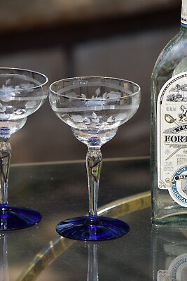 #ad 5 Vintage Etched Cobalt Blue Cocktail Martini Glasses 6 oz Margarita Glasses $115.00