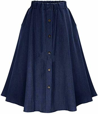 #ad Women#x27;s Stretchy High Waist 5 Buttons Front A Line Flowy Midi Skirts Dk Lt Blue $17.99