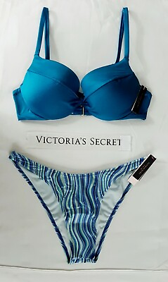 #ad Victorias Secret Swim 2pc Bikini Set 34C Removable Pushup size M Brazilian Blue $42.95