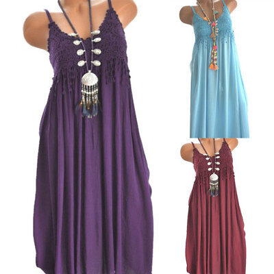 #ad Women V Neck Boho Midi Dress Ladies Summer Holiday Beach Cami Sundress $11.49