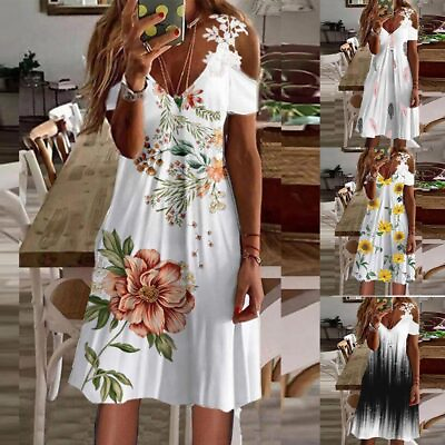 #ad Womens Boho Floral V Neck Midi Dress Holiday Summer Lace Cold Shoulder Sundress $21.79