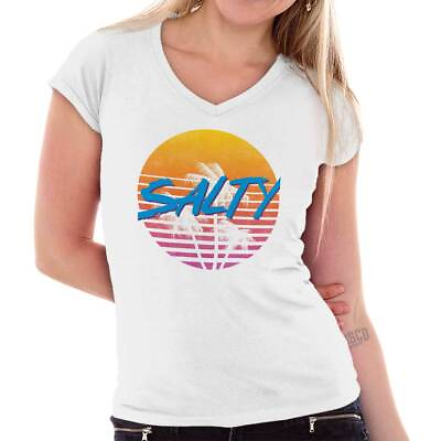 Salty Beach Vibes Retro Cute Summer Vacation Womens Fitted V Neck Graphic Tees $7.99