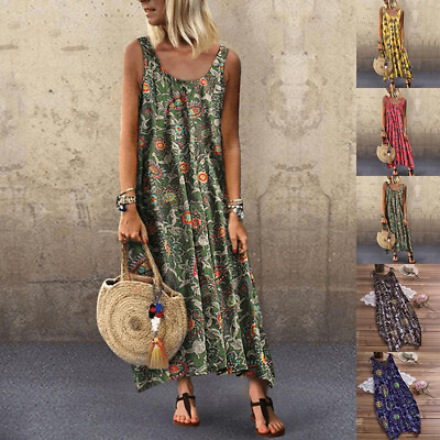 #ad Plus Size Women Boho Floral Maxi Dress Sleeveless Holiday Beach Baggy Sundress $17.24
