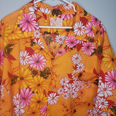 #ad Vintage Island Fashions Hawaiian Shirt Sears Mens XL Short Sleeve Floral Orange $48.99