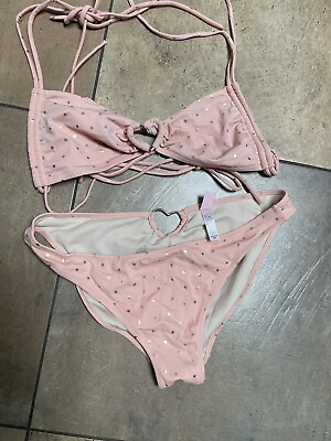 Victoria#x27;s Secret Peach Gold Polka Dot Peekaboo Heart Bikini set Swimsuit sz M $29.99