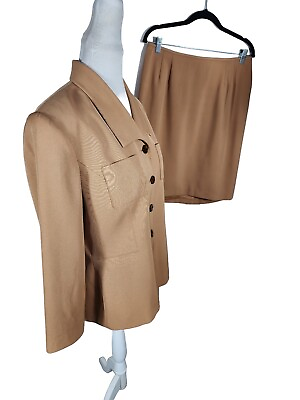 #ad Kasper Wms Sz 14 Gold Color Poly Double Pocket Skirt Suit S31 $25.46