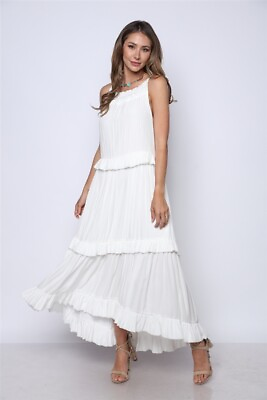 #ad White Sleeveless Maxi Dress Size Medium Ruffled Smocked Neckline $20.97