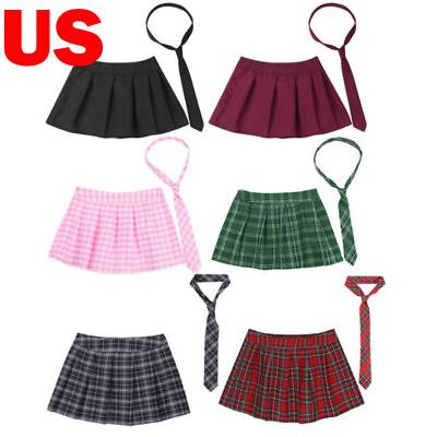 #ad US Womens Pleated Mini Skirt Micro Short Dress Sexy Cosplay Skirts with Necktie $9.29