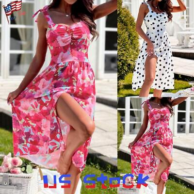 #ad Womens Summer Boho Floral Strappy Midi Sundress Ladies Holiday Beach Split Dress $10.57