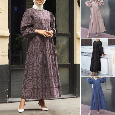 #ad ZANZEA Womens Muslim Puff Long Sleeve Layered Kaftan Gown Floral Maxi Dress PLUS GBP 20.40