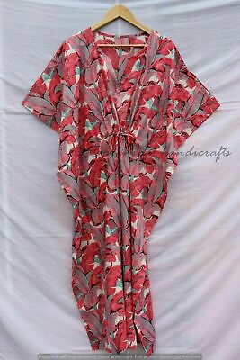 Indian Red Long Leaf Print Cotton Hippie Maxi Women Boho Nightwear Caftan Dress $22.31