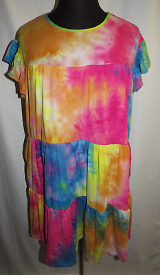 #ad NEW Plus Sz 1X Tie Dye Tiered Flutter Sleeve Short Dress Pockets Boho $30.00