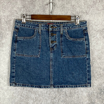 #ad Mossimo womens BUTTON FLY denim mini skirt size 7 blue medium wash 100% cotton $10.19