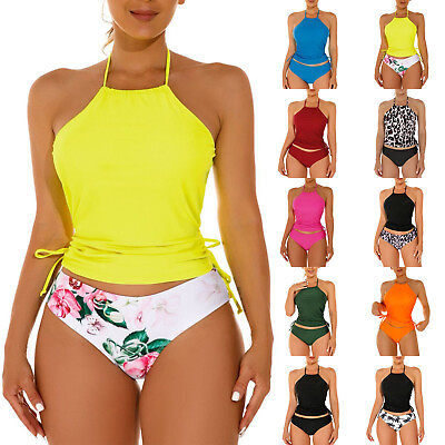 #ad Women#x27;s 2 Piece Tankini Swimsuit Lace Up Swim Tank Top with Bikini Bottom Set $14.95