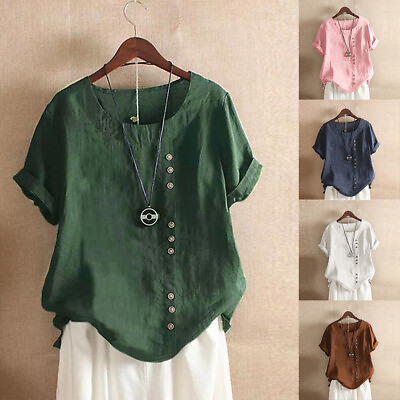 #ad Plus Size Womens Cotton Linen Tunic Blouse Tops Summer Short Sleeve T Shirt US $16.79