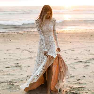 Lace Boho Wedding Dress Long Sleeve Side Slit Backless Beach Bridal Gowns Train $147.80