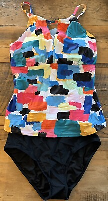 #ad Younique Tankini Colorful Tankini With Black Bottoms Large NWT $14.99