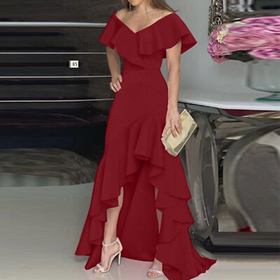 #ad Womens Asymmetric Ruffles Cocktail Evening Ball Gown V Neck Slim Fit Long Dress $24.54