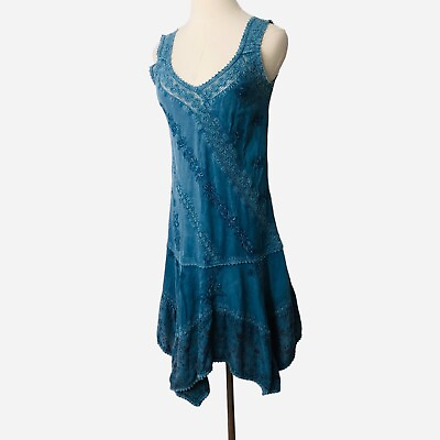 #ad Coline Boho Dress Small Blue Embroidered Crochet Lace Corset Back Hanky Hemline $39.60