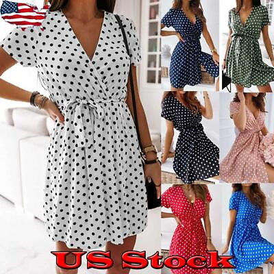 Womens Polka Dot Wrap V Neck Mini Dress Ladies Summer Short Sleeve Belted Dress $18.69
