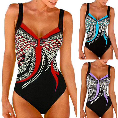 #ad Women Swimsuit Padded Bikini Printed V Neck Sleeveless Swimwear Tummy Control $12.69