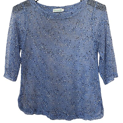 #ad Lulu B Womens Swimsuit Cover Up Small Blue Mesh 3 4 Sleeves Open Weave Pullover $15.95