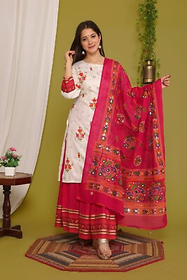 #ad Wedding Party Wear Indian Handmade Women Straight Kurti Skirt With Dupatta Dress $29.39