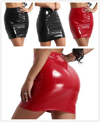 #ad US Women Shiny Liquid Metallic Wet Look PVC Leather Bodycon Pencil Mini Skirts $7.75