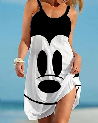 #ad #ad Mickey Minnie Mouse Women Dresses Sleeveless Summer Beach Loose Midi Sun Dresses $12.89