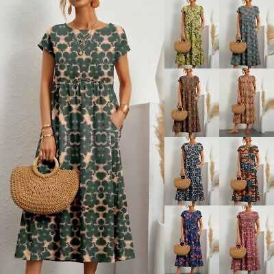 #ad Womens Boho Floral Maxi Dress Ladies Short Sleeve Casual Loose Holiday Sundress $14.55