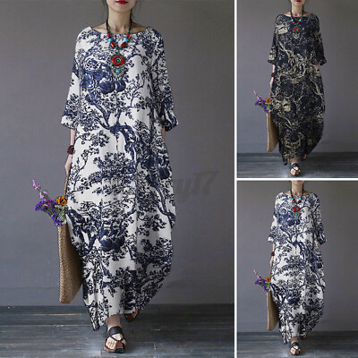 ZANZEA Women Long Sleeve Floral Printed Casual Loose Kaftan Maxi Dress Plus Size GBP 17.99