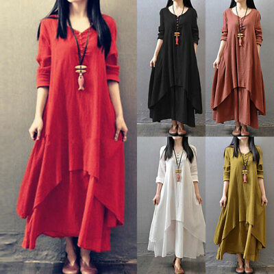 Women#x27;s Linen Cotton Boho Vintage Kaftan Loose Casual Maxi Long Sleeve Dress US $3.92