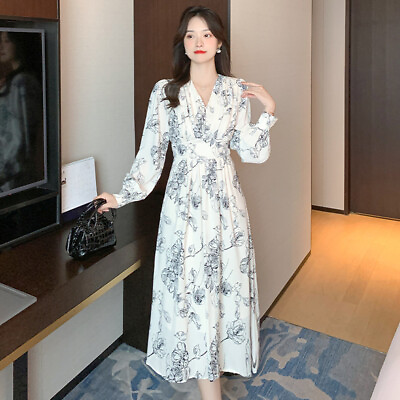 #ad Women#x27;s V Neck Long Sleeve Floral Slim Waist Casual Evening Party Cocktail Dress $28.51
