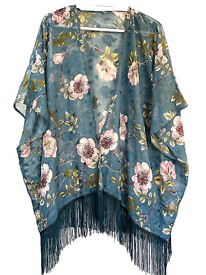 #ad Women’s Blue Floral Kimono Long Swimsuit Beach Cover Up W fringe M $19.99