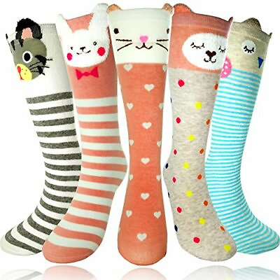 Little Girls Long Socks Kids Cartoon Knee High Warm Cotton Stockings 5 Pairs $15.84
