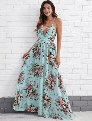 #ad New Blue Floral Maxi Dress Sz Small $22.00