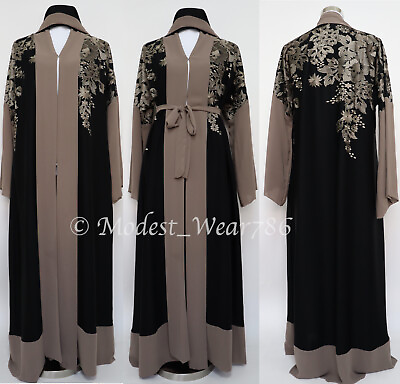 #ad Dubai Abaya Open Kimono Crinkle Embroidery Modest Muslim Maxi Dress Black Taupe $75.00
