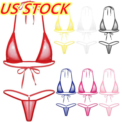 #ad US Women Mesh Sheer Lace up Micro Brazilian Bikini Bra Top G String Swimsuit Set $9.09