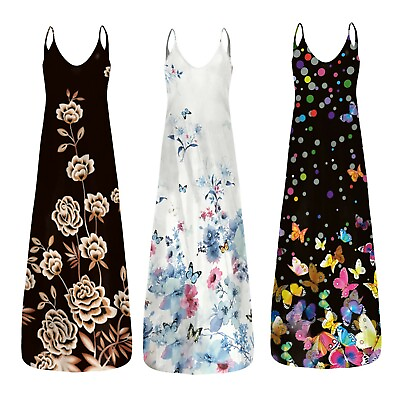 #ad Women#x27;s Loose Casual V Neck Summer Floral Sling Sleeveless Long Boho Dress $18.36
