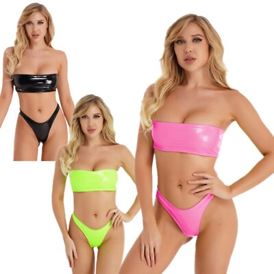 #ad Womens Patent Leather Bikini Set Sexy Strapless Crop Top High Cut Thong Swimwear $8.12